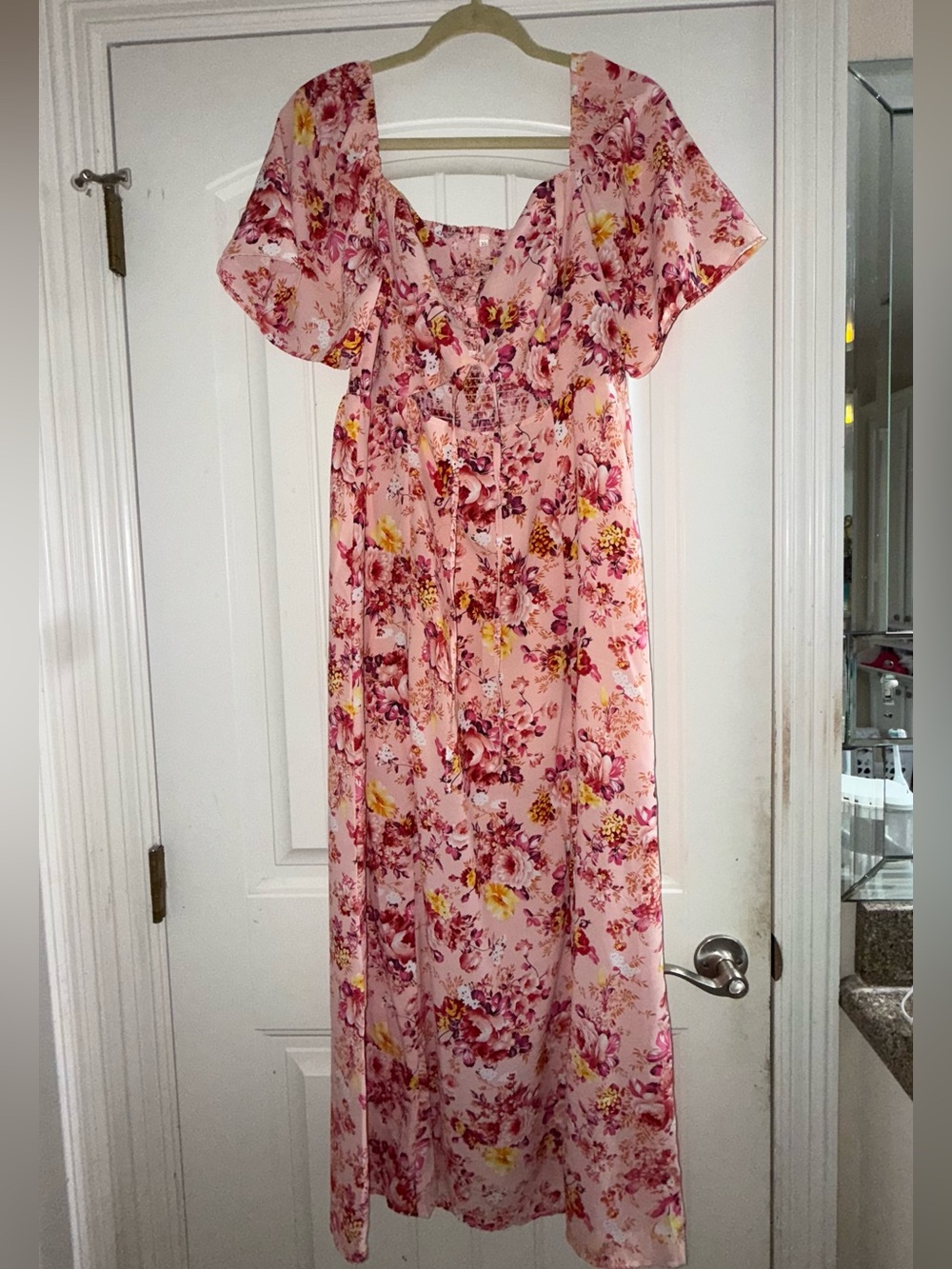 Pink Floral Front Tie Maxi Dress with Ruffle Sleeve